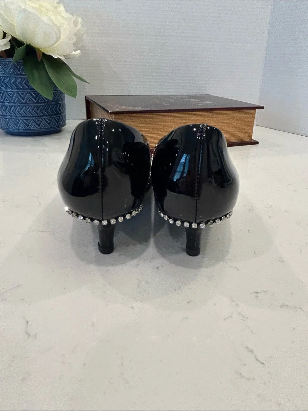 Pointed Patent Leather Flats with Silver Chain Detail - Black